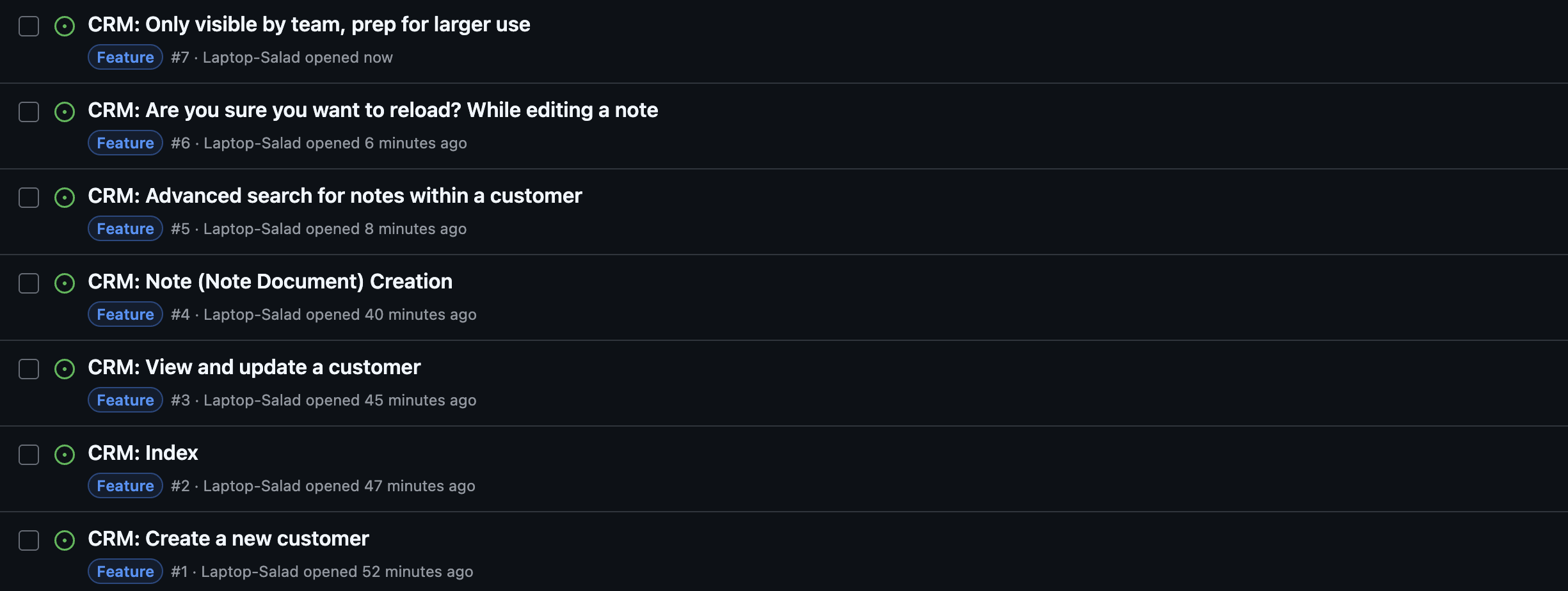 Github tickets with titles, and feature labels
